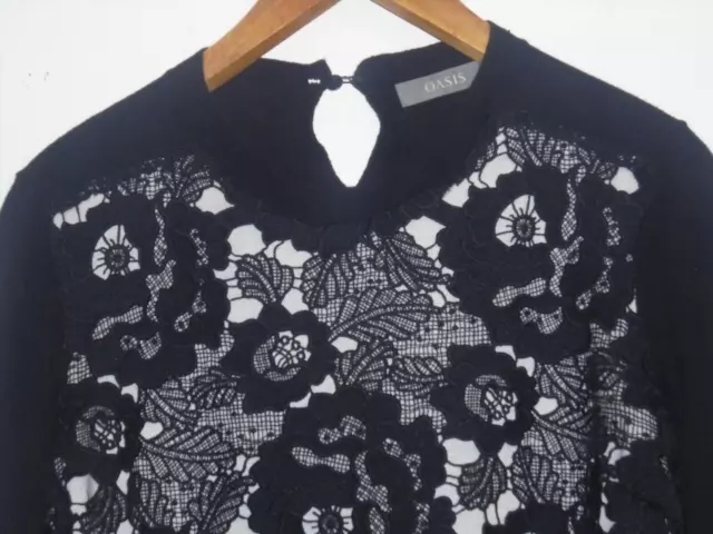 Ladies Oasis Large Long Sleeve Black Floral Lace Fronted Crew Neck Jumper 2