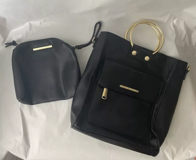 Steve Madden Purse and Makeup Bag Set, Black Faux Leather w/ Gold Details