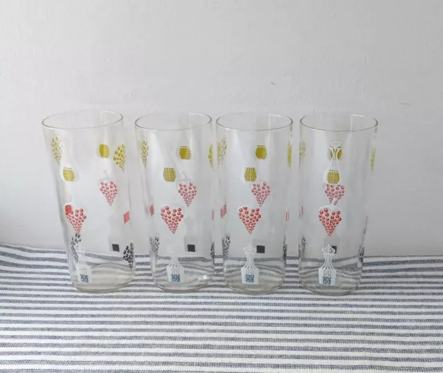 4 Fun Retro High Ball Glasses Vintage Tumblers Water Grapes & Wine Design