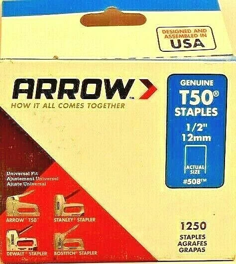 Arrow 508 Genuine T50 1/2-Inch Staples, 1,250-Pack