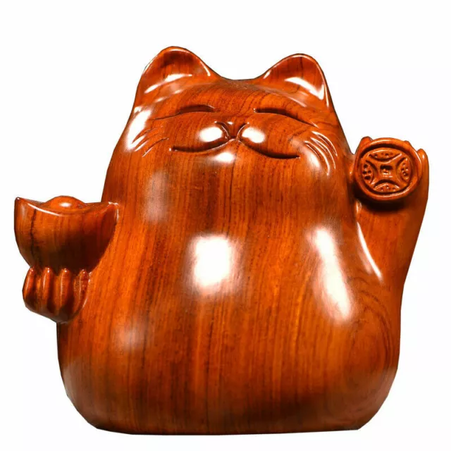 Rosewood Carved Maneki Neko Statue Lucky Money Cat Feng Shui Decor