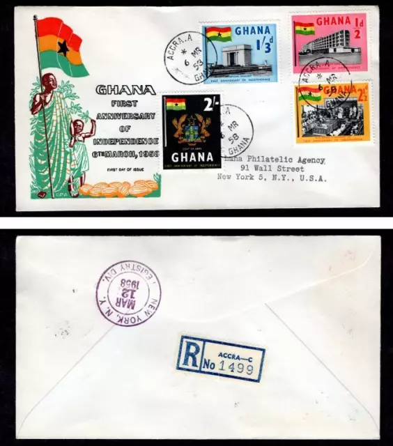 Ghana #17-20 Complete Set, March 6 1958 Accra to USA - Registered FDC