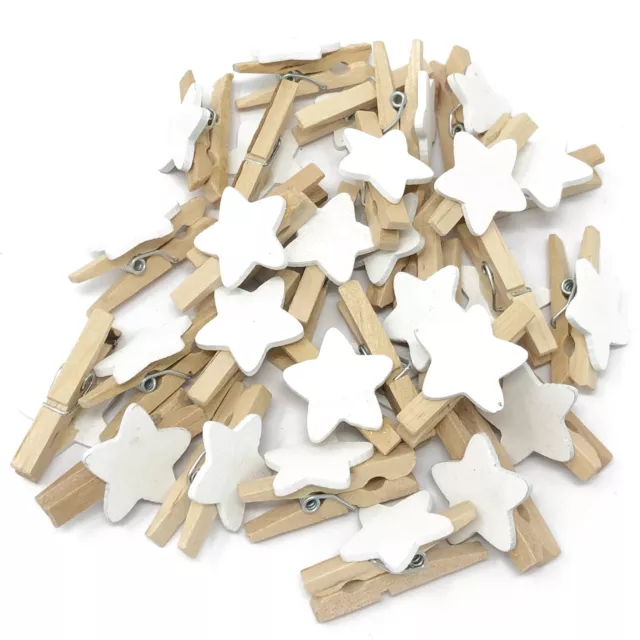 Mini 30mm Wood Clothes Pegs with 15mm White Star Craft ShabbyChic Embellishment