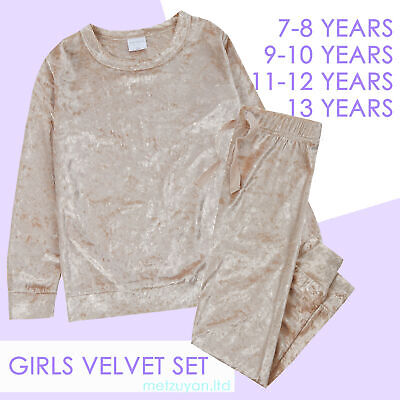 Kids Girls Pyjamas PJ Set Crushed Velvet Set Gold Velour Tracksuit Lounge Set UK