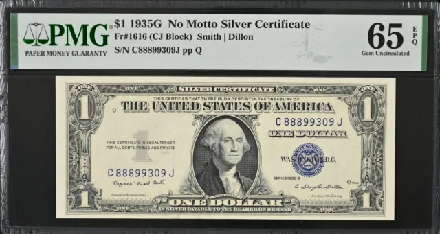 1935-G $1 Silver Certificate Fr# 1616 "Cj" Block Sn#C88899309J Pmg 65 Epq "Gem"