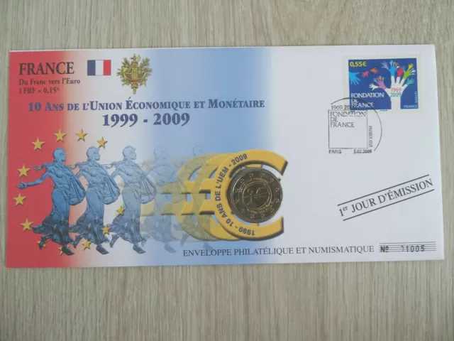 France pièce 2 euros 2009 Enveloppe Numismatique 1 jour / 10 Ans de L'union