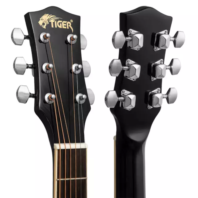 Tiger Full Size Beginners Acoustic Guitar Package, Bag, Strap & Strings - Black 3