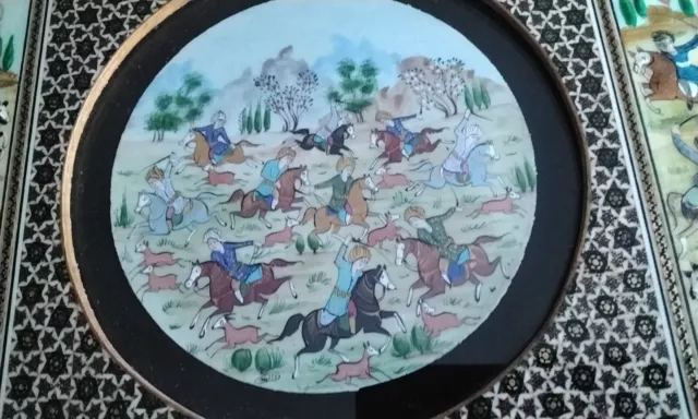 Vintage Hand Painted Persian Khatam Framed Warriors On Horses 12.3 x 12.3" VGC 2