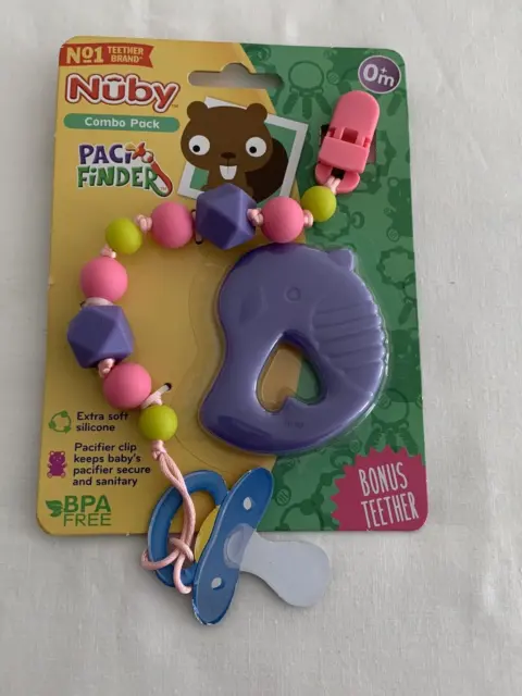 Nuby Combo Pack Pacifier Clip With Teether **New** Extra Soft Silicone