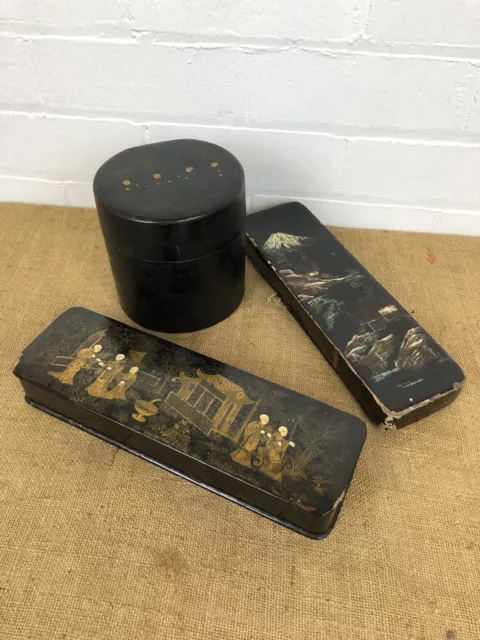 Three Antique Chinese Wooden Lacquered Gilt Painted Picture Trinket Boxes