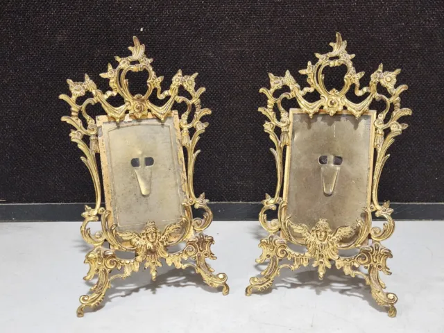 PAIR- Antique Victorian Rococo Brass Lady Head Wings Gilt Metal Picture Frames