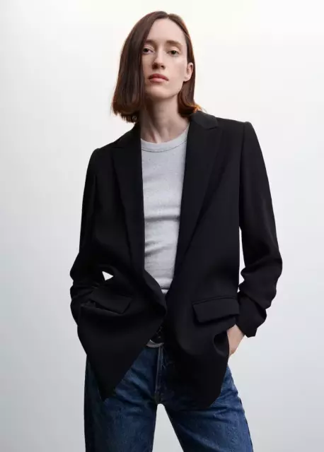 MANGO Flowy Black Oversize Suit Blazer Ruched Sleeves Size UK L BNWT RRP £59.99