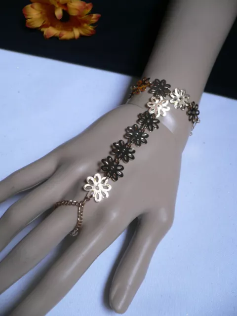 Caliente Mujeres Metal Dorado Moda Mano Cadena Flores Muñeca Pulsera Esclava Aro