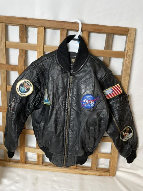 Alpha Industries Kids NASA Black Leather Bomber Jacket. Size 3T