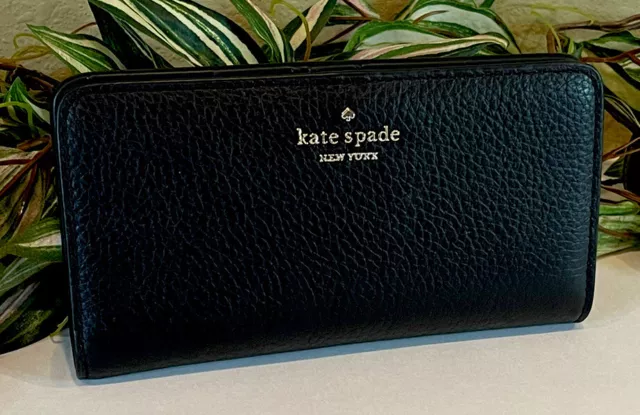 Kate Spade Dumpling Large Slim Bifold Wallet Black Leather Gold Card Case Holder