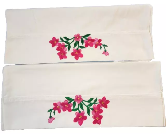 2 Homemade Pillowcases White Cotton W/Pink Embroidered Flowers, Standard/queen