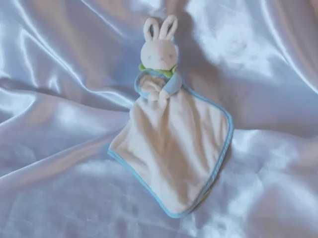 Doudou lapin blanc, bleu, col vert, mouchoir, Klorane