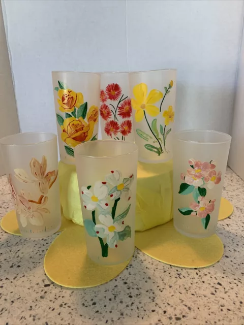 Bartlett Collins Frosted Glass TUMBLER Hand Painted VTG Gay Fad Multiple Flowers