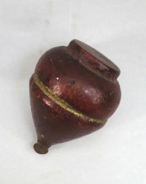 antique victorian WOOD TOY SPINNING TOP metal tip orig red paint prim folky