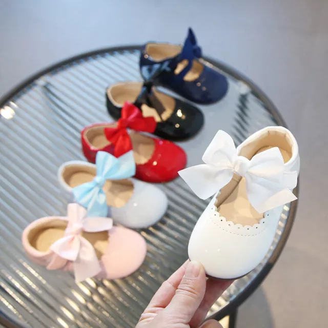 Girls Spanish Bow Shoes Baby Mary Jane Shiny Wedding Party Patent Flat Shoes Uk
