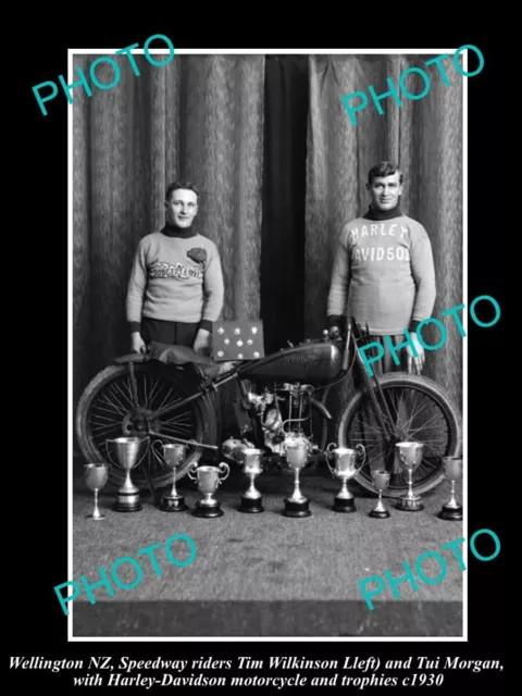 OLD HISTORIC PHOTO OF HARLEY DAVIDSON SPEEDWAY MOTORCYCLE RIDER & TROPHIES c1930