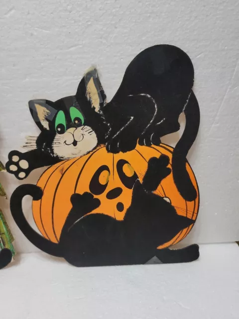 3 Halloween Black Cat Flocked Die Cut Wall Decorations Corn Stalks Hat 2