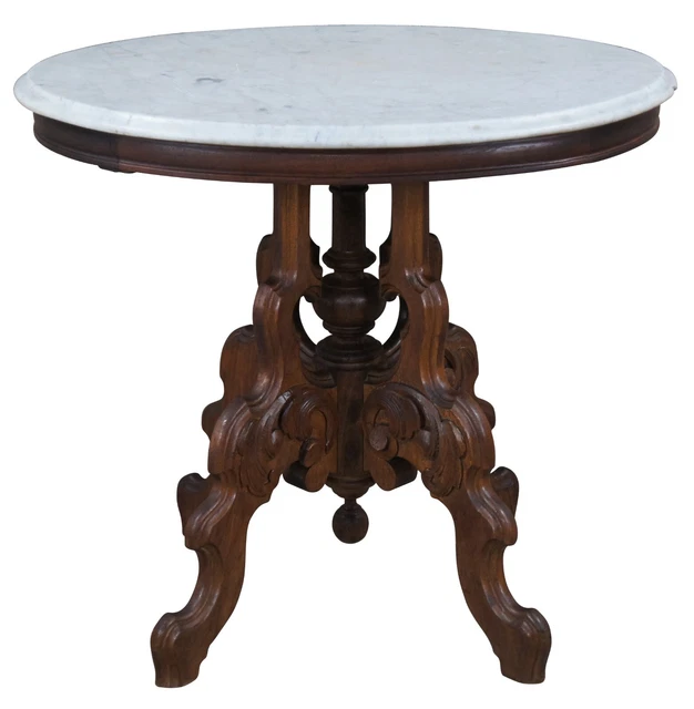Antique Victorian Carved Walnut Oval Marble Top Parlor Center Side Table 24" Antique Victorian Carved Walnut Oval Marble Top Parlor Center Side Table 24"
