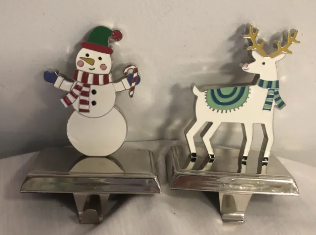Pair Christmas Stocking Holders ~ Silver Finish ~ Reindeer & Snowman Enamel