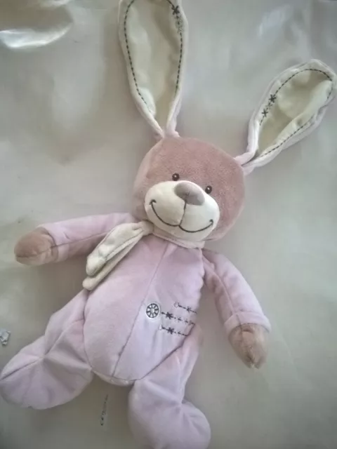 Doudou peluche lapin rose beige marron Nicotoy croix brodé rond écharpe 32cm tbe