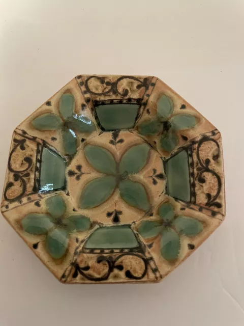 Adam Spector Studios Pottery Teal Yellow &Green Signed 4 1/2" Mini Trinket Dish