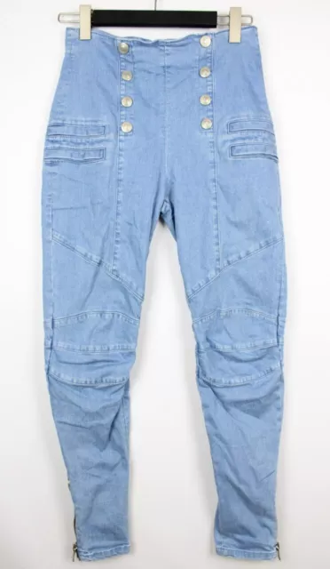 PIERRE BALMAIN Blue Stretch Denim Skinny High Waist Biker Jeans Sz 28 Ankle Zip