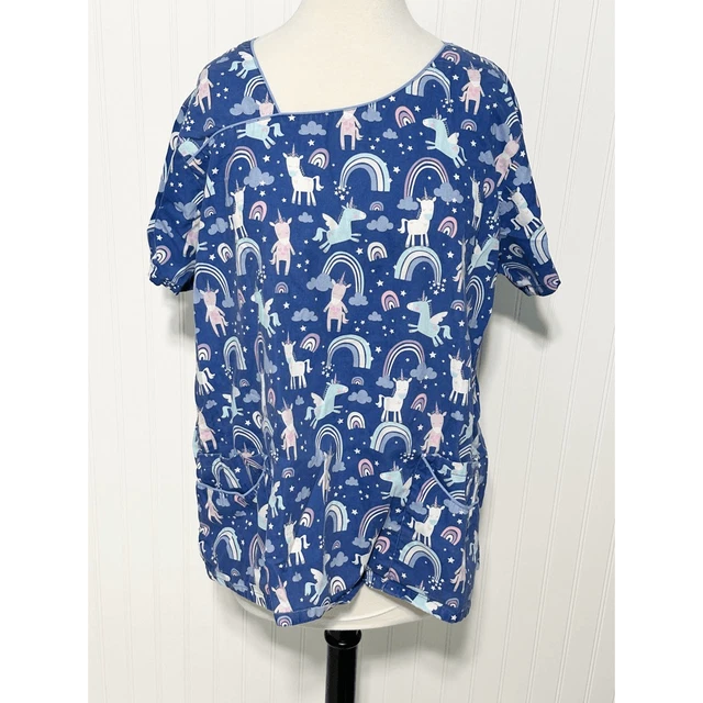 UA Scrubs Womens Unicorn Dreams Galaxy Blouse Medical Uniform Scrubs Top Blue XL