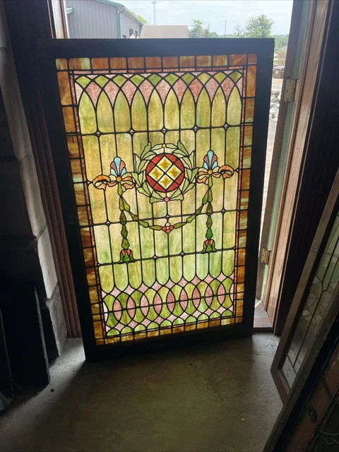 SG4448 gorgeous antique stained glass Landing Window 33.25 x 53.5