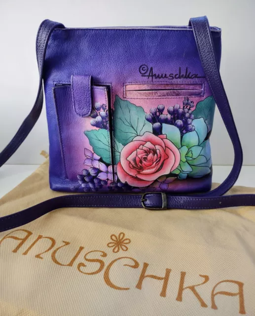 Anuschka Hand Painted Leather Purse Handbag Purple Floral Multicolored Beautiful