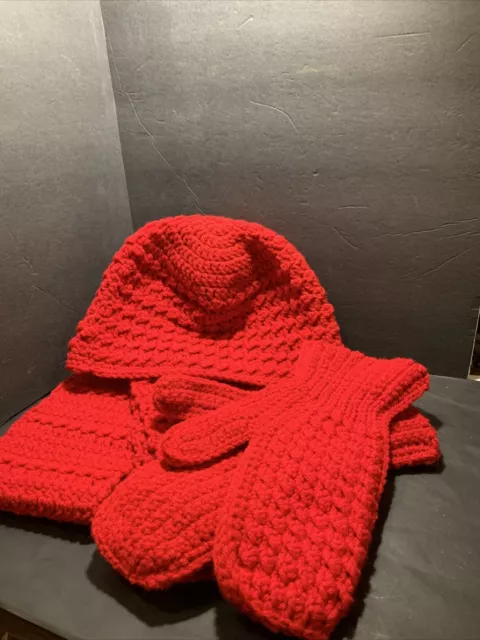 Crochet Red Christmas Hat, Scarf,  Mittens Set  Beautifully Handmade Gift Idea