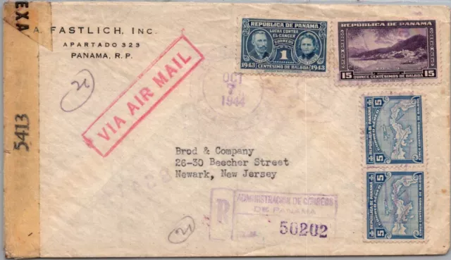 Schallstamps Panama 1944 Postal History Wwii Reg Censored Airmail Cover Addr Usa