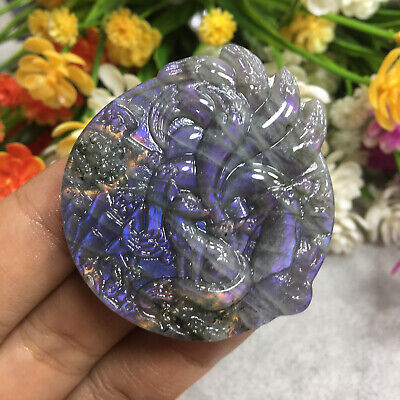 Top AA+Natural Carved Purple Labradorite Gumiho Quartz Crystal Reiki Healing 1PC