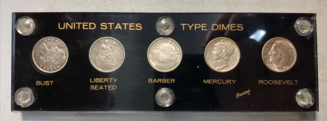5 Pc. United States Silver Type Dimes Capital Plastic Bust Seated Barber Mercury