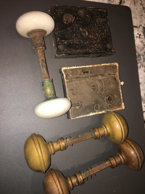 Antique￼ Brass Door Knob Set-2 Knobs BLW Mortise & White porcelain door knobs