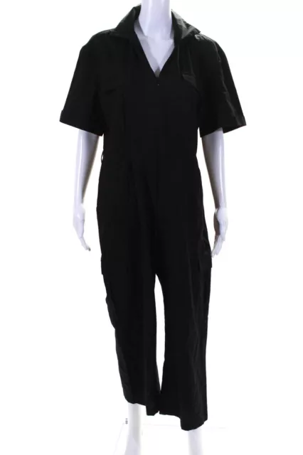 Zara Womens Front Zip Short Sleeve Collared Jumpsuit Black Cotton Size Large