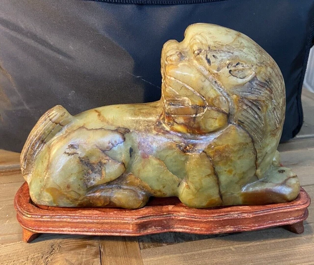 Chinese Celadon And Russet Jade Carving Of A Qilin / Lion / Foo Dog 9"L X 5.5" T