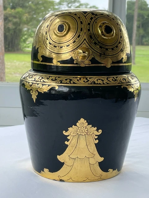 Lacquered Gold Black Owl Design Lid Box Basket 10" Burmese Art Oriental Home