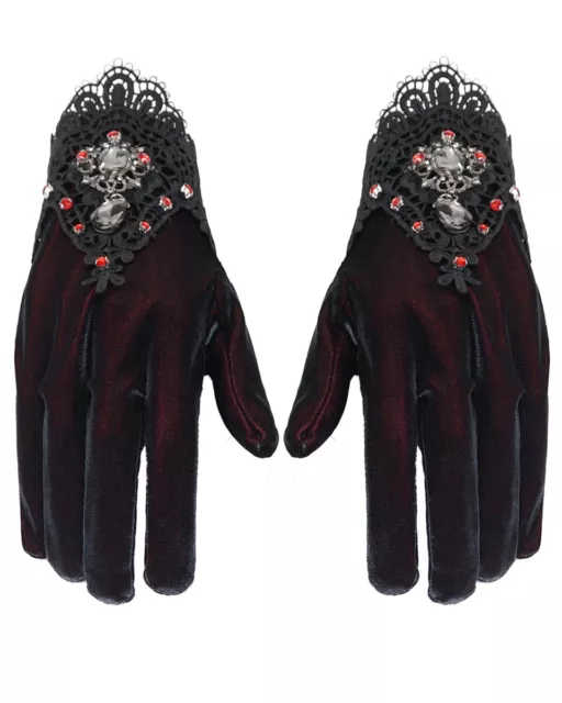 Devil Fashion Gotico Steampunk Sera Guanti 2 Tono Rosso Vino Velluto Nero Pizzo