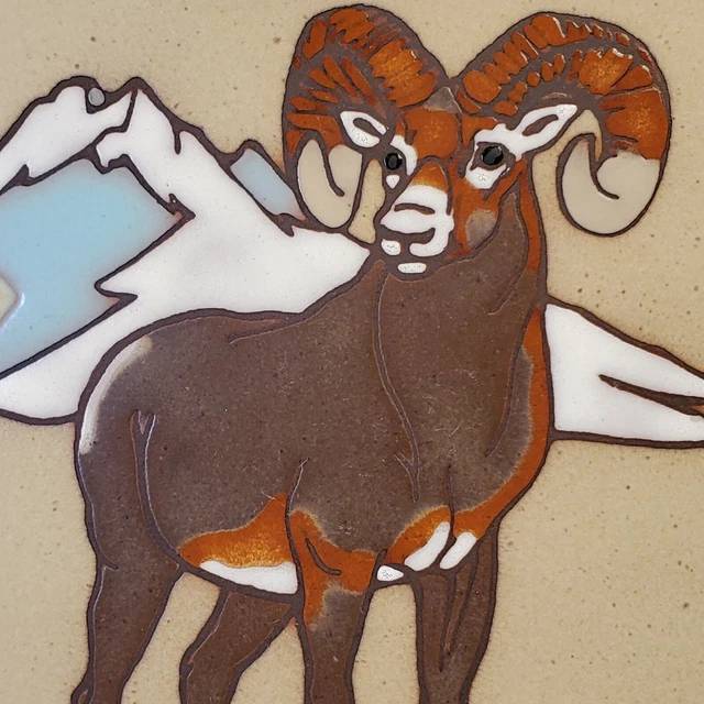 VTG Terra Cotta Clay Glazed Art Tile Ram Mountain Abstract Made in Italy Signed 2