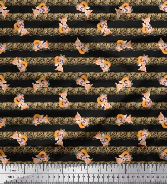 Soimoi Black Cotton Duck Fabric Fox & Stripes Kids Printed Fabric-ixZ