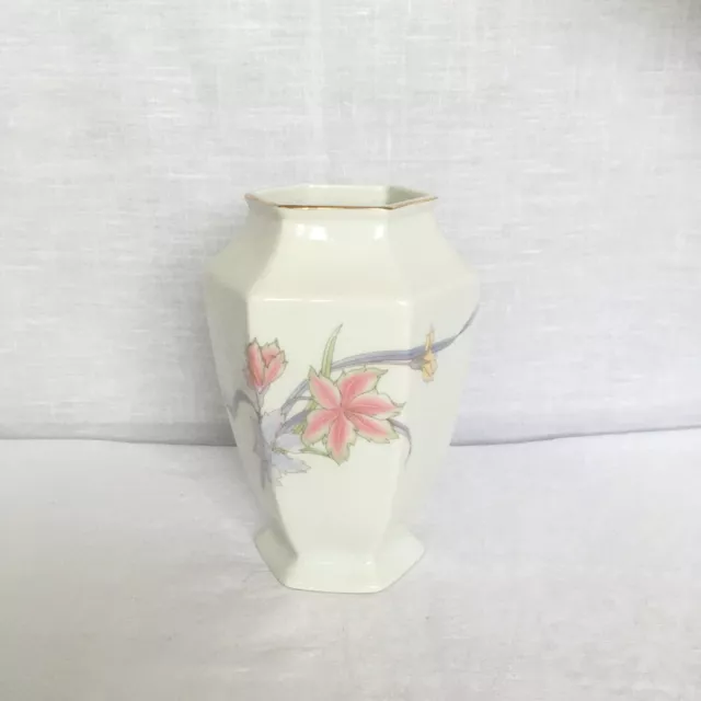 Vintage  Hexagonal White Floral Oriental Style Ceramic Vase