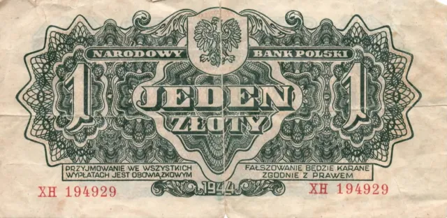 Poland 1 Zloty 1944 Well Circulated Banknote Foreign World Paper Currency