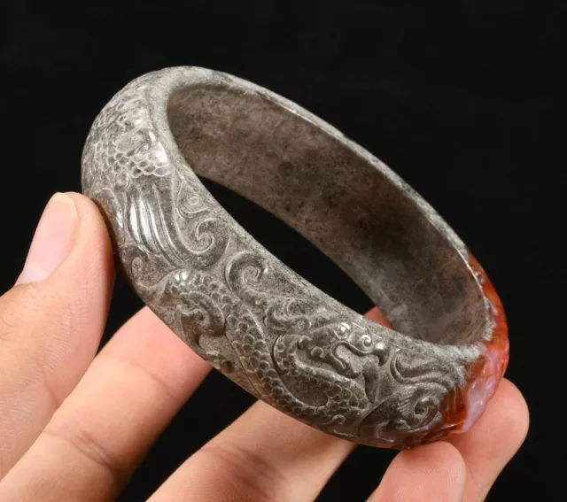 Old Chinese Han Dynasty Natural Hetian Jade Carve Dragon Beast Bracelet Bangle