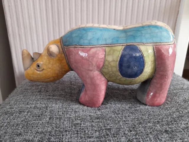 Rhino South African Hand Painted Pottery  Figure Signed.