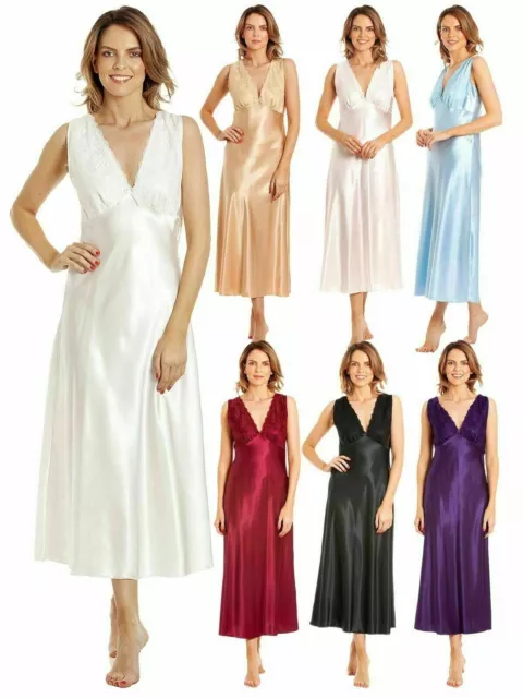 Ladies Lady Olga Satin & Lace Built Up Shoulder Long Nightdress Size 10-28 Gift